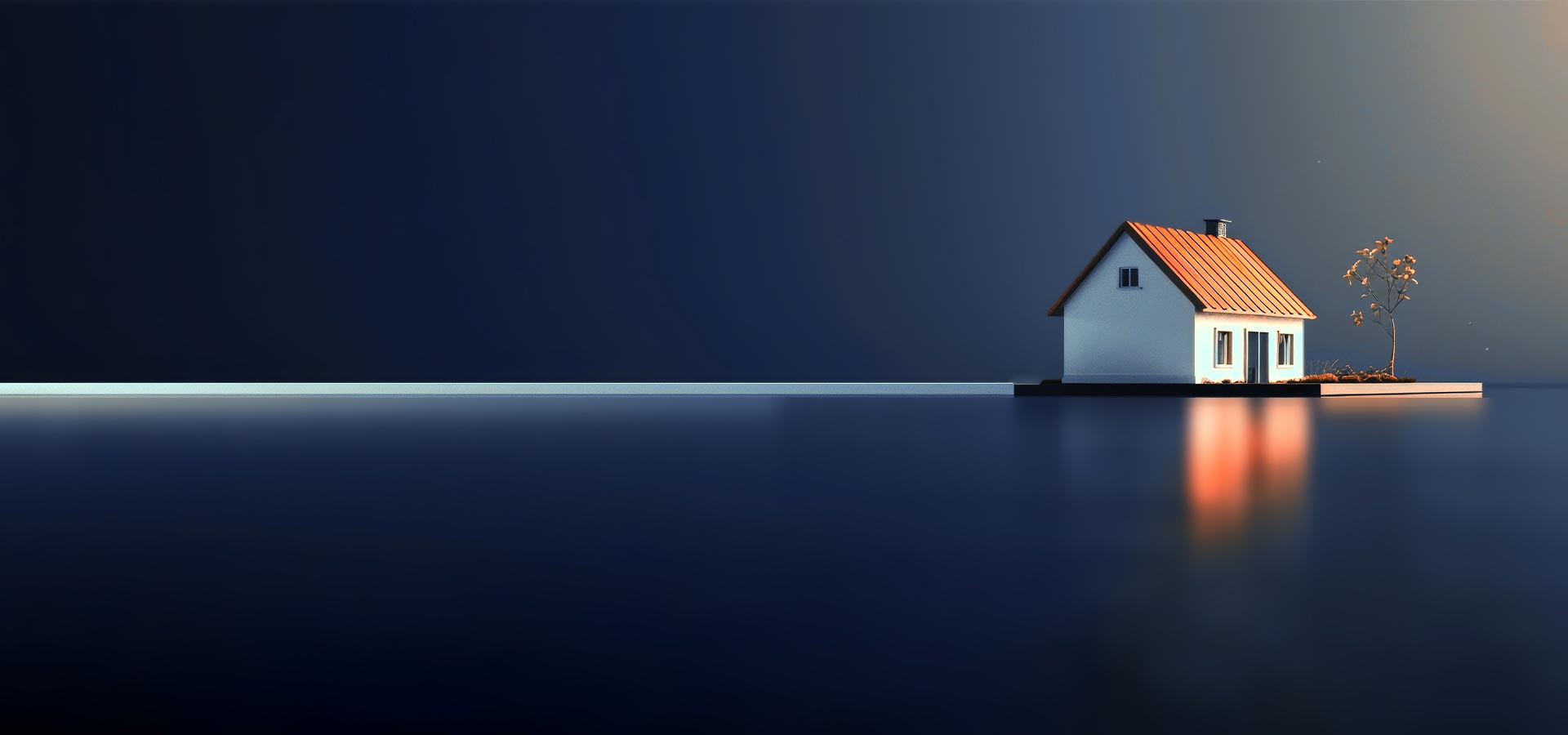 A small, white house with an orange roof sitting on a narrow pier over calm, dark blue water, illuminated by a warm glow from the right.