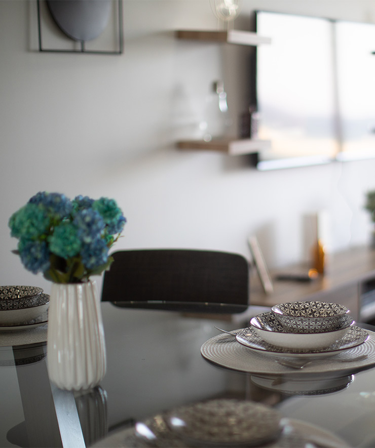 seaview apartment's living room's glass table with flower pot and plants and plates with a blurry background